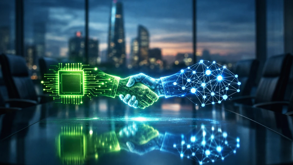 A futuristic corporate boardroom featuring a holographic digital handshake between a microchip icon and an AI network symbol, representing the Nvidia investment in OpenAI.