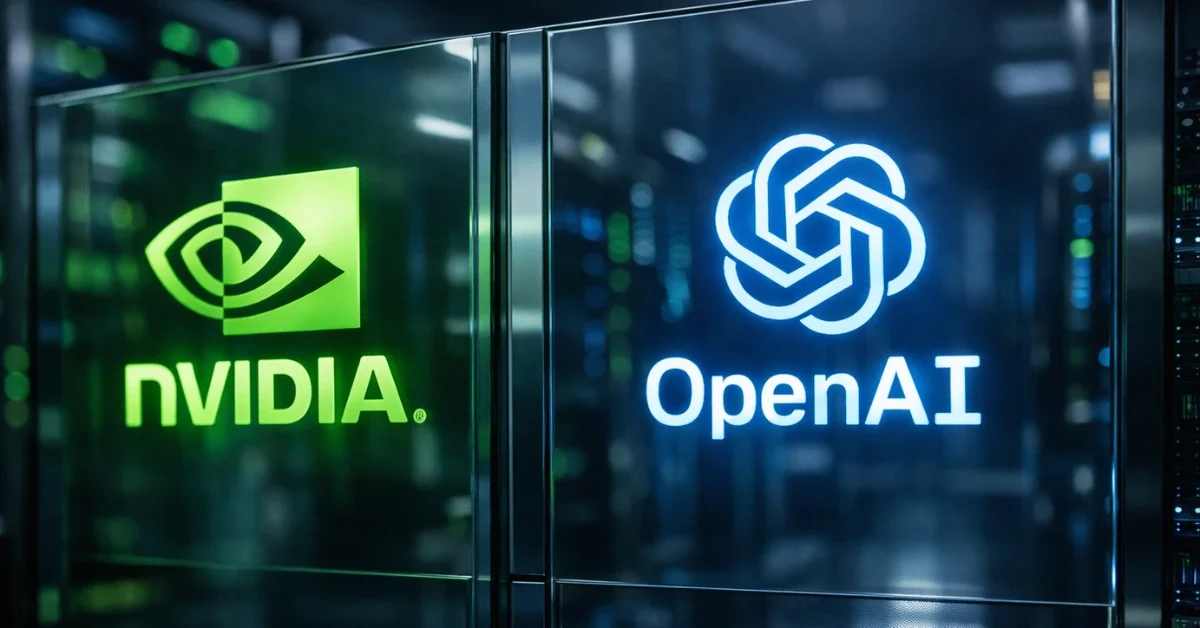 Glowing Nvidia and OpenAI logos on glass panels inside a modern, high-tech server room with green and blue lighting.