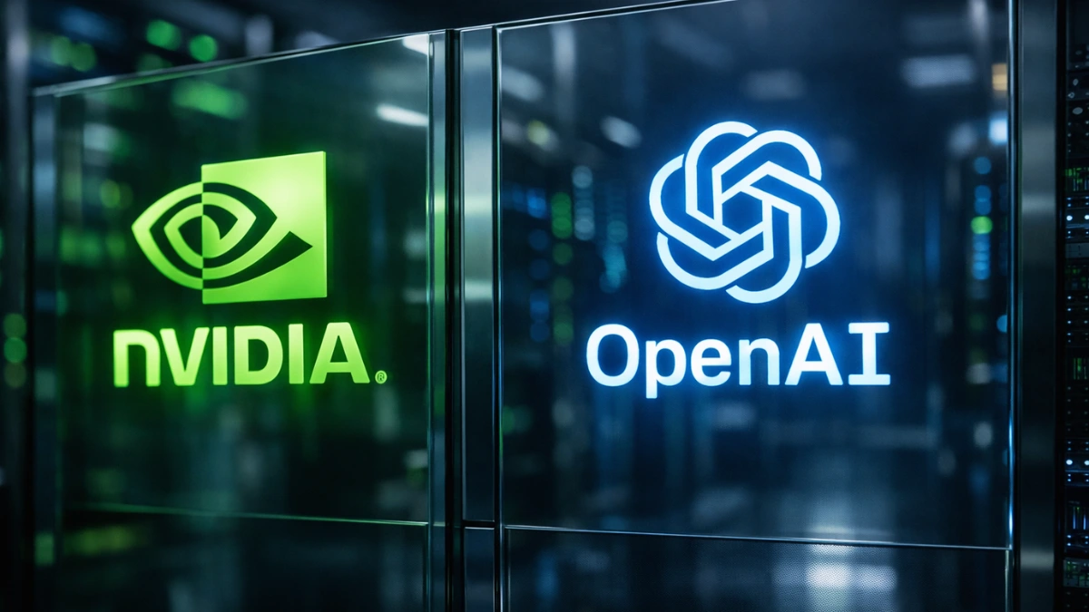 Glowing Nvidia and OpenAI logos on glass panels inside a modern, high-tech server room with green and blue lighting.