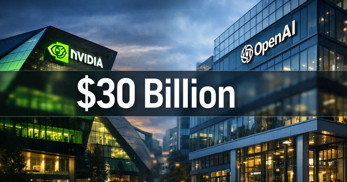 Nvidia and OpenAI headquarters side by side representing the companies' $30 billion equity investment deal replacing their previous $100 billion multi-year infrastructure partnership.