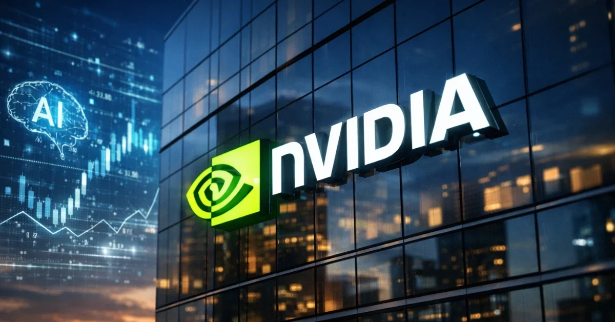 A professional news-style photograph of the Nvidia corporate logo illuminated on a glass building, representing the company's strong financial performance and AI technology.
