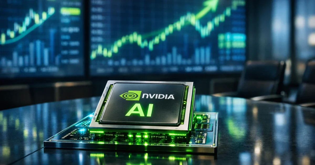 A glowing Nvidia AI microchip sits on a glass table in a modern corporate office, with upward-trending financial charts softly blurred in the background.