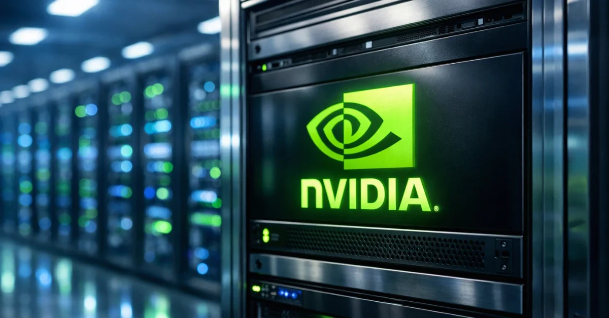 A high-tech data center featuring server racks illuminated with the green Nvidia logo, representing advanced AI computing infrastructure.