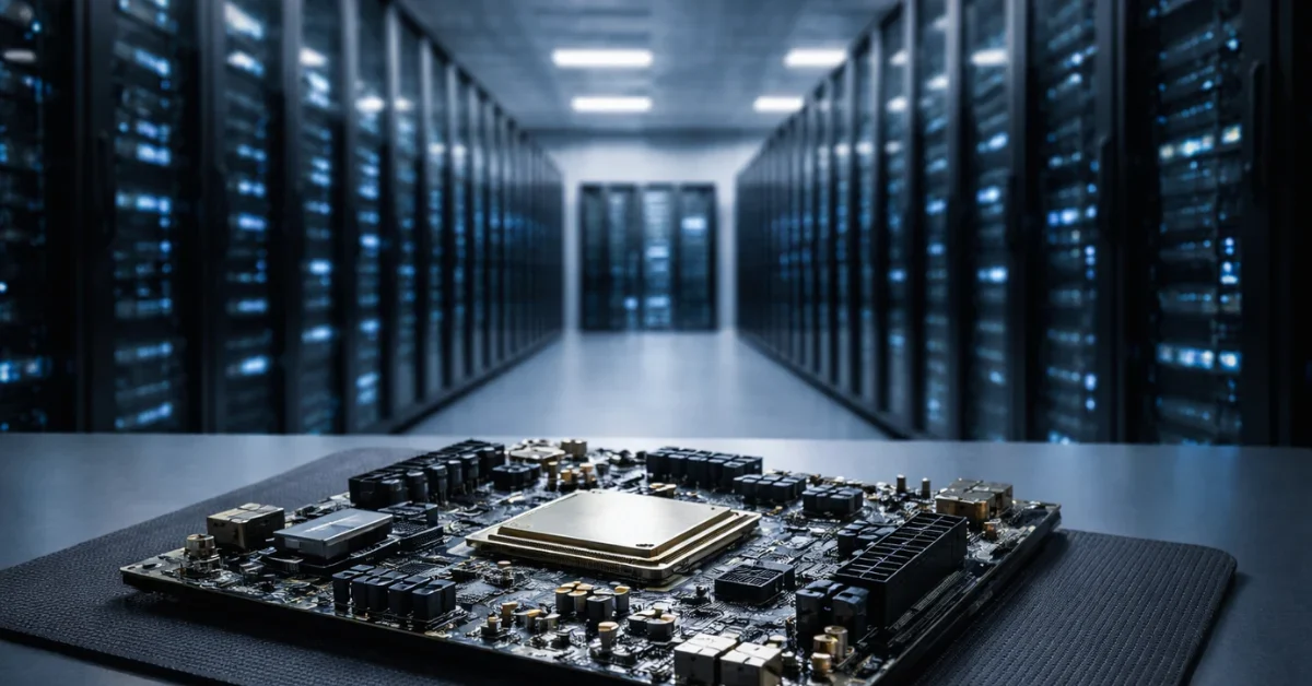 A modern data center with server racks and a processor board in the foreground