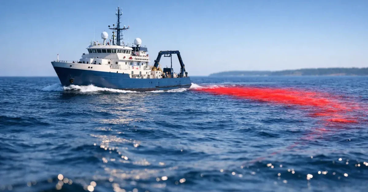 An oceanographic research vessel sailing in the Gulf of Maine, trailing a red tracer dye in the water during an ocean alkalinity enhancement field trial.