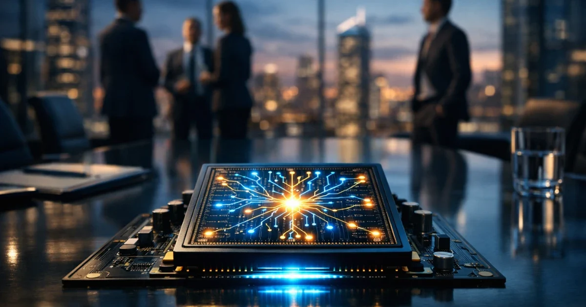 A futuristic AI microchip glowing on a glass boardroom table with blurred business executives in the background.