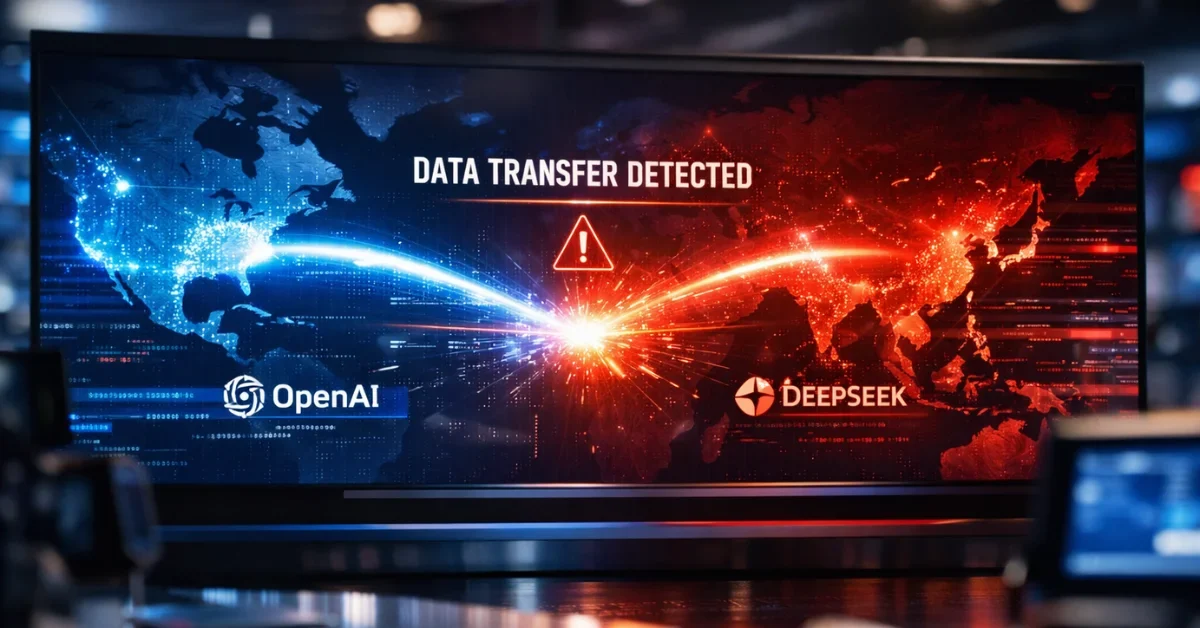 A digital illustration of a world map with data streams flowing between the US and China, representing the AI distillation conflict between OpenAI and DeepSeek.