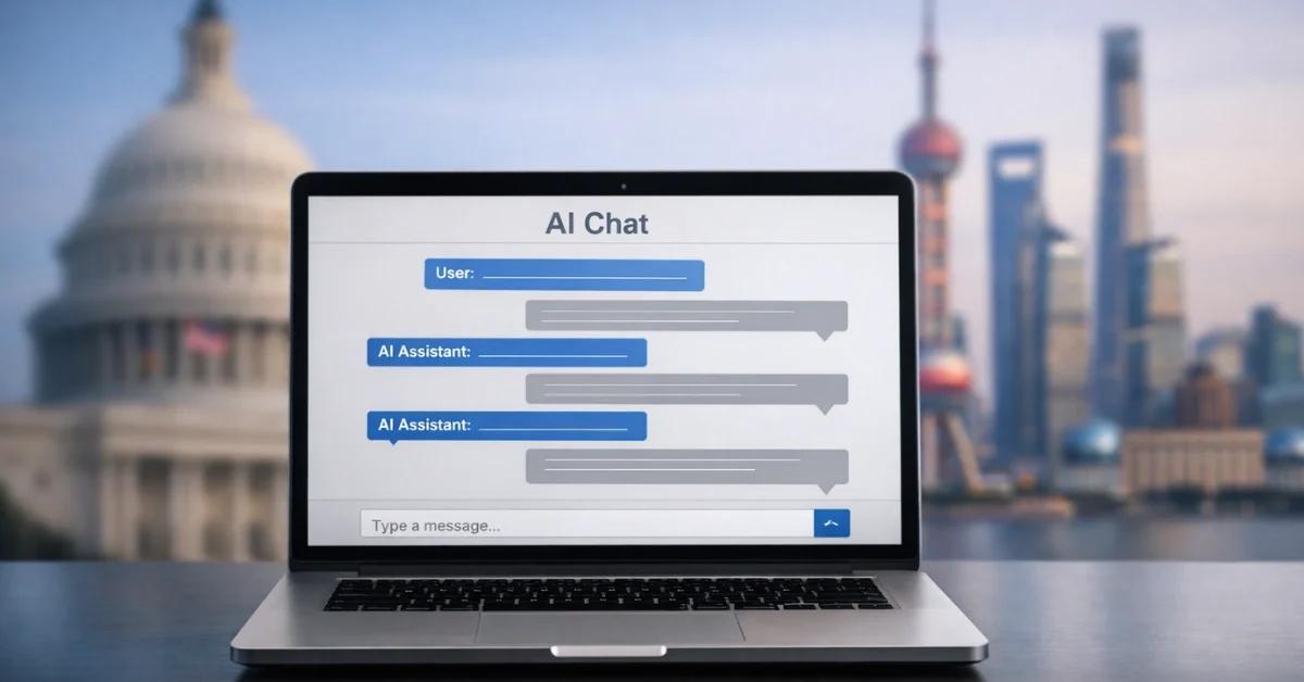 A laptop showing a generic AI chat screen with a blurred U.S. Capitol silhouette and a modern city skyline in the background.