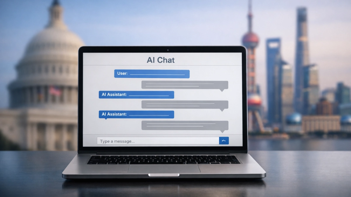 A laptop showing a generic AI chat screen with a blurred U.S. Capitol silhouette and a modern city skyline in the background.