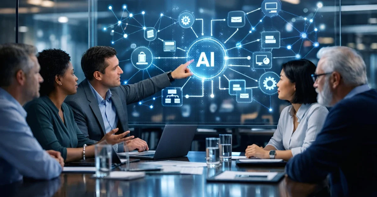 Professionals in a modern corporate boardroom discussing AI implementation strategies with glowing network diagrams on a screen.