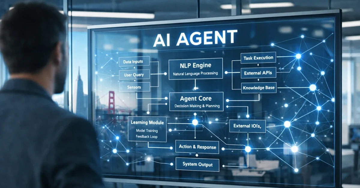 A professional tech office setting featuring digital diagrams of AI agent workflows, representing the development of autonomous personal agents at OpenAI.