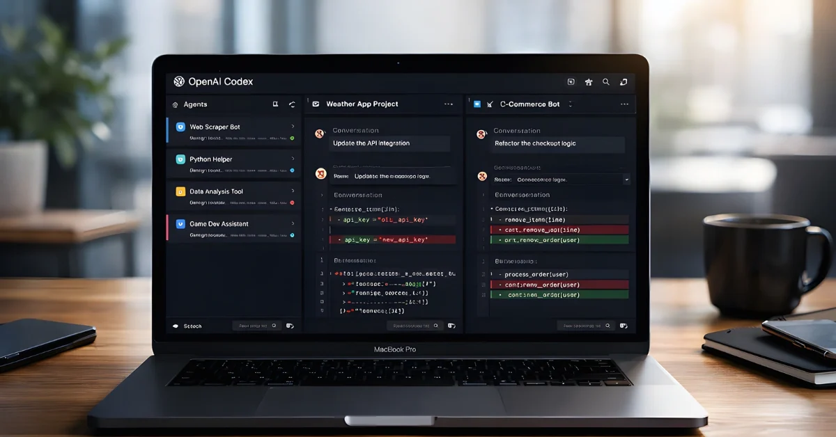 MacBook screen showing OpenAI Codex app with multi-agent coding threads and project management interface.
