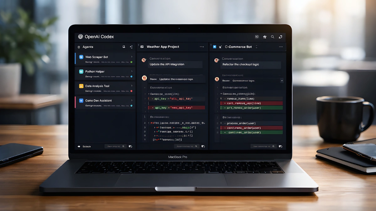 MacBook screen showing OpenAI Codex app with multi-agent coding threads and project management interface.