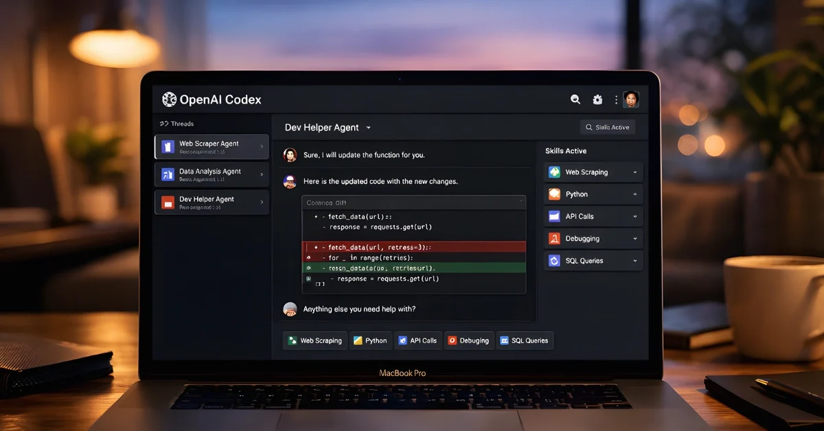 MacBook screen running OpenAI Codex app with multi-agent coding threads and project management features.