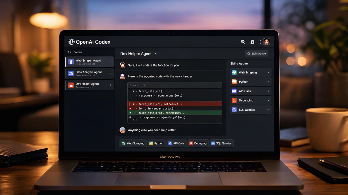 MacBook screen running OpenAI Codex app with multi-agent coding threads and project management features.