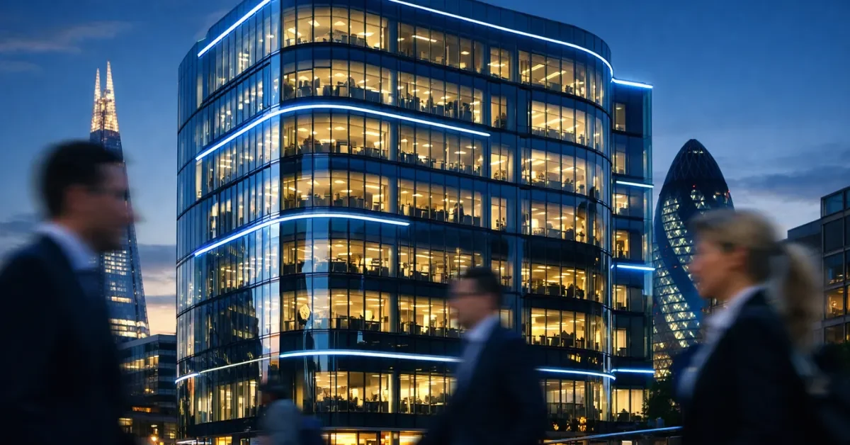 A modern glass corporate office building in central London at dusk, representing the expansion of the new OpenAI research hub.