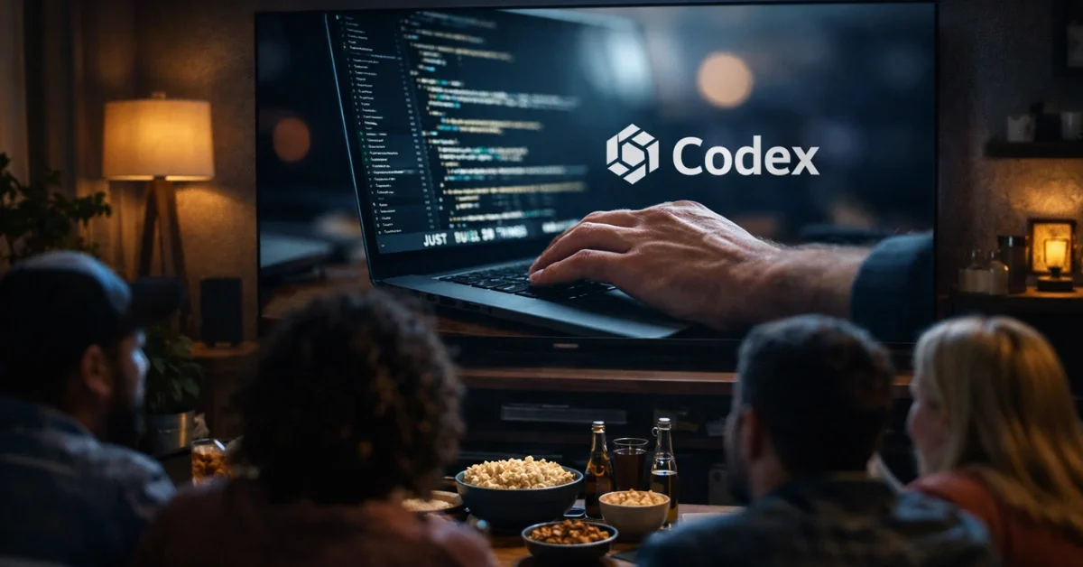 A group of friends watching the OpenAI "Just Build Things" commercial on a television during the Super Bowl.