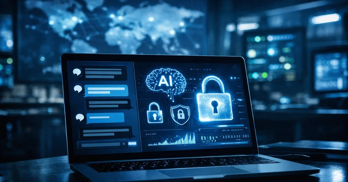 A laptop screen displaying abstract AI chat interfaces and security symbols in a dimly lit, high-tech environment representing cybersecurity threats.