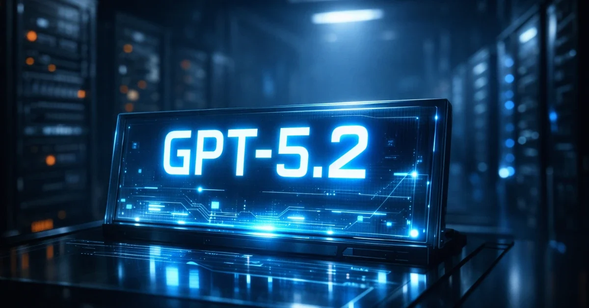 A glowing digital interface displaying GPT-5.2 taking sharp focus in a dimly lit, futuristic server room as older background screens fade into darkness.
