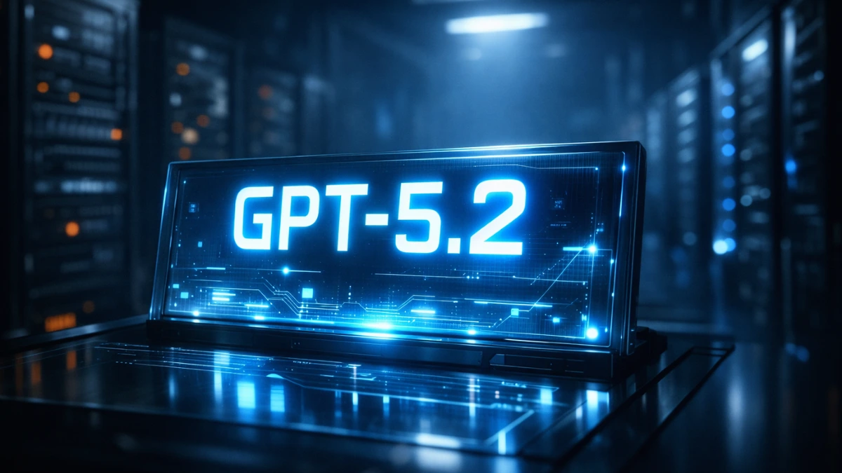 A glowing digital interface displaying GPT-5.2 taking sharp focus in a dimly lit, futuristic server room as older background screens fade into darkness.