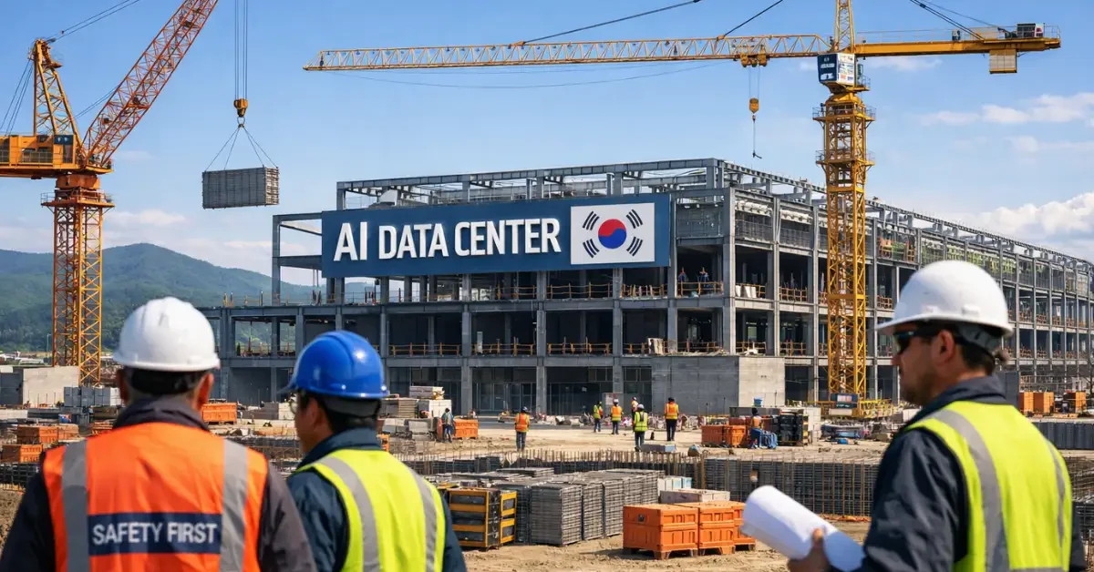 Modern data center construction site in South Korea showing industrial cranes and steel framework under bright daylight.