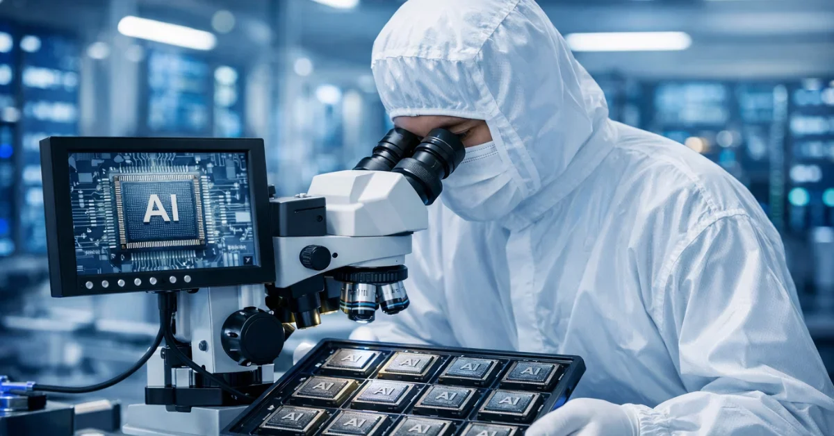 A technician in a high-tech lab inspecting advanced AI silicon chips under a microscope.