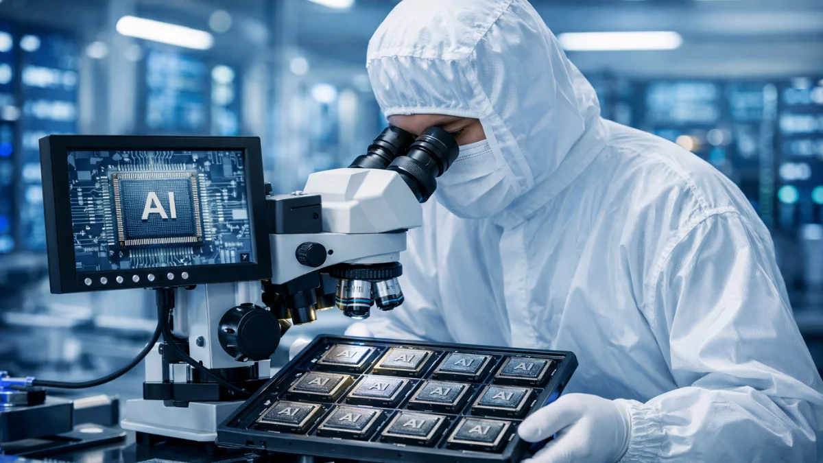 A technician in a high-tech lab inspecting advanced AI silicon chips under a microscope.