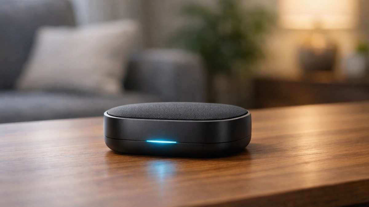 A minimalist, screen-less OpenAI smart speaker prototype sitting on a wooden table in a well-lit modern living room.