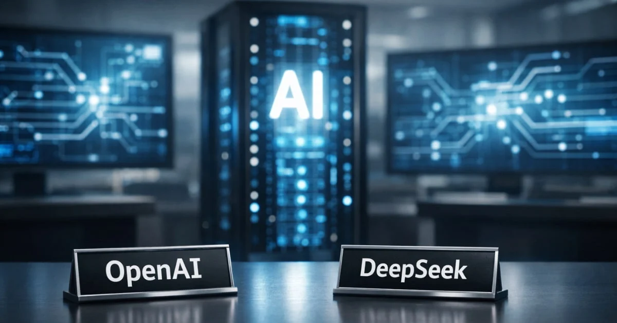 A modern office scene showing AI servers and screens, with desk nameplates labeled OpenAI and DeepSeek in the foreground.