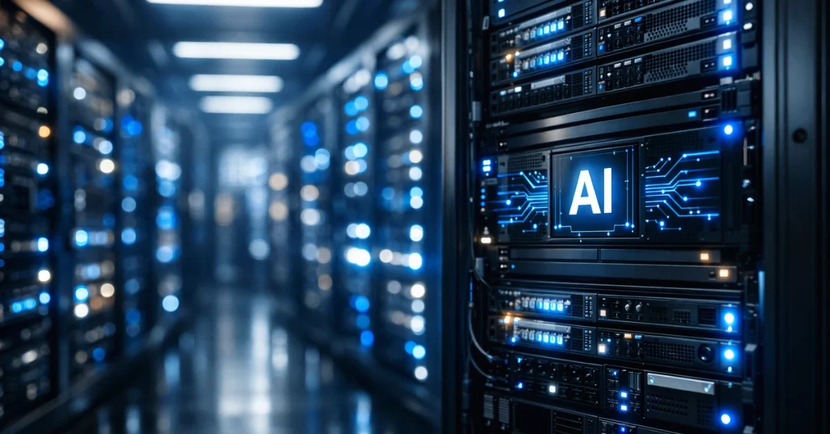 A modern artificial intelligence data center with glowing server racks.