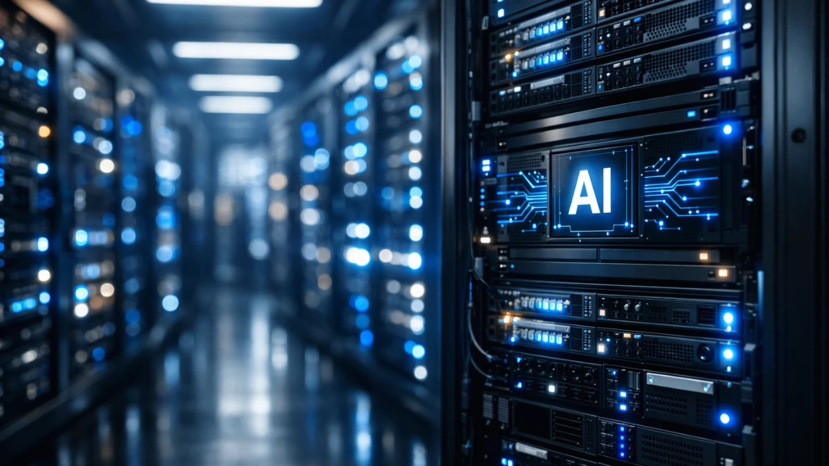 A modern artificial intelligence data center with glowing server racks.
