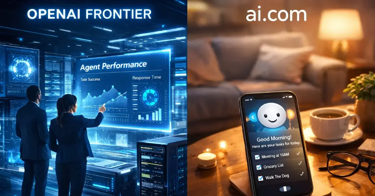 Split screen illustration showing OpenAI Frontier's enterprise interface for managing business AI agents on the left, and ai.com's personal mobile interface for consumer daily tasks on the right.
