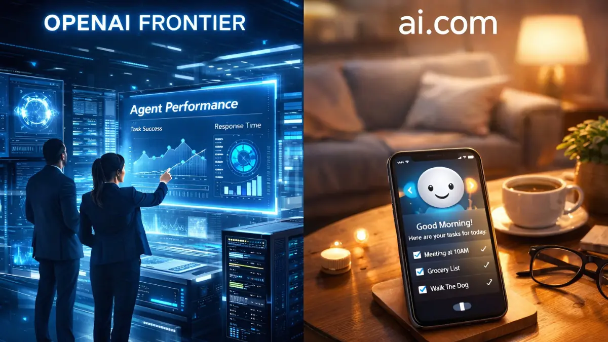Split screen illustration showing OpenAI Frontier's enterprise interface for managing business AI agents on the left, and ai.com's personal mobile interface for consumer daily tasks on the right.