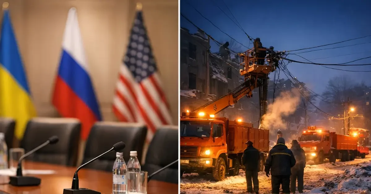 A split-screen image showing a diplomatic meeting room in Abu Dhabi on the left and emergency crews repairing power lines in a snowy Ukrainian city on the right.