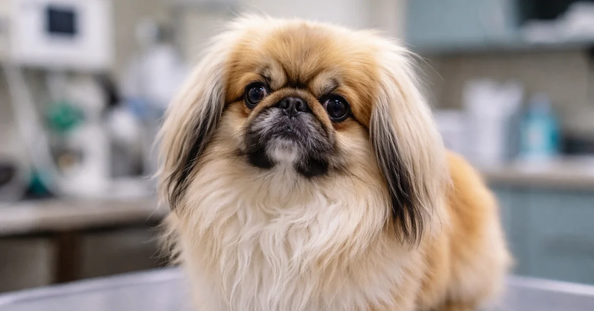 Pekingese dog with flat face in veterinary examination room illustrating breeds at high risk for breathing problems