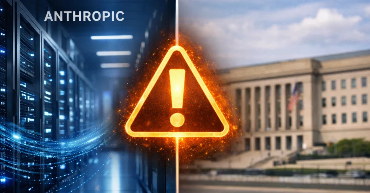 Split image showing a modern server room on the left and the Pentagon building on the right, separated by a digital caution symbol representing the conflict over AI safety and supply chain risk.