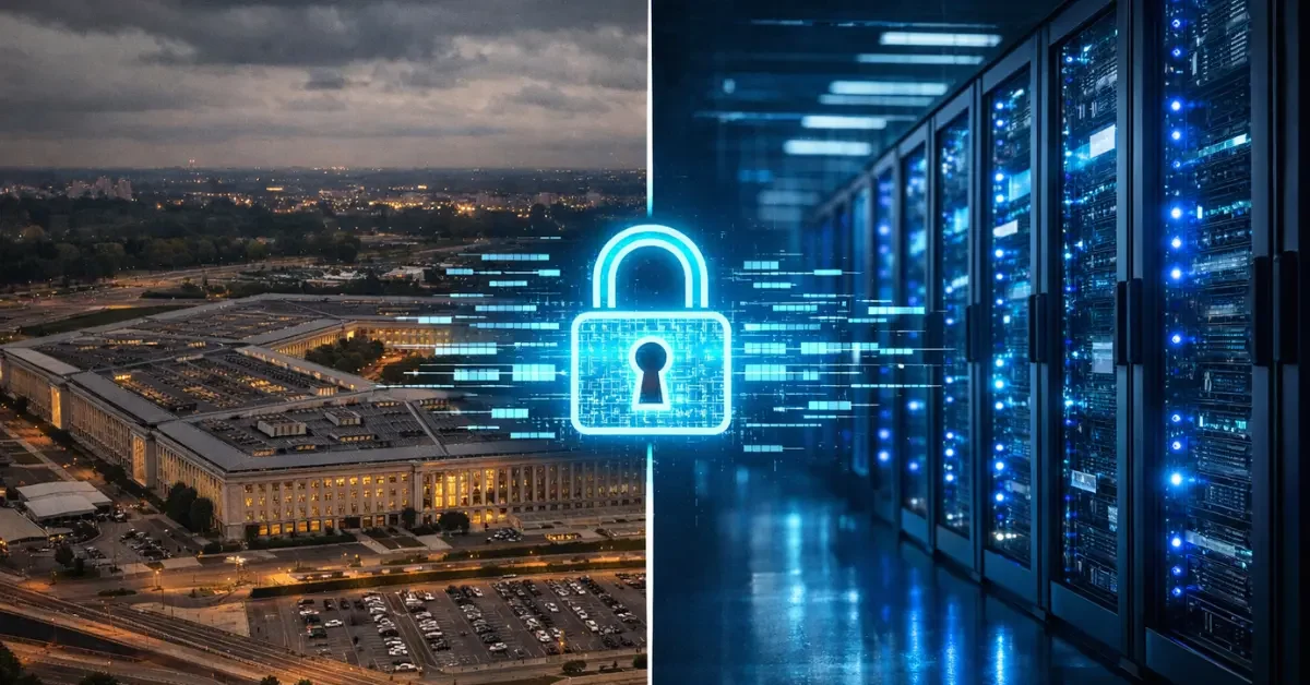 A split view of the Pentagon building and a high-tech AI server room, separated by a digital barrier symbol representing the dispute over AI safety restrictions.