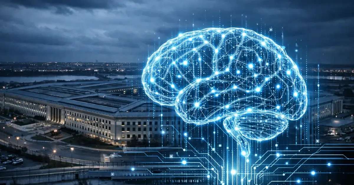 A dramatic wide shot of the Pentagon with a digital artificial intelligence neural network overlay.