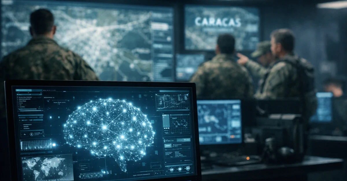 A high-tech military command center screen displaying AI data analysis with blurred military personnel and maps of Caracas in the background.