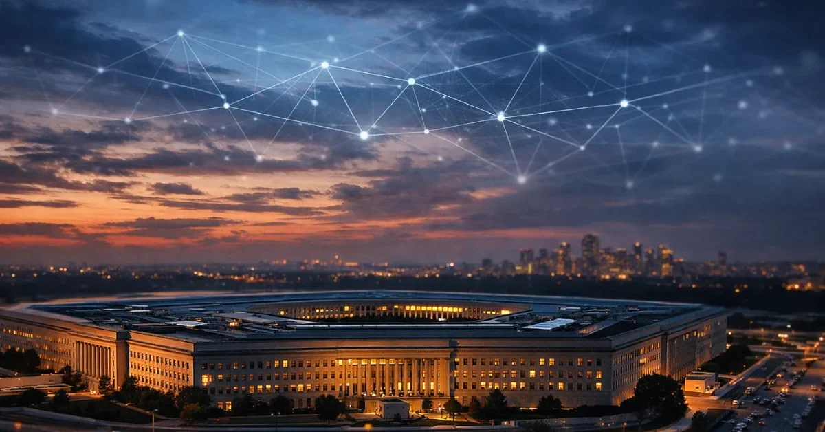 Wide, dusk exterior view of the Pentagon with a subtle digital network overlay in the sky, styled like a professional news header image.