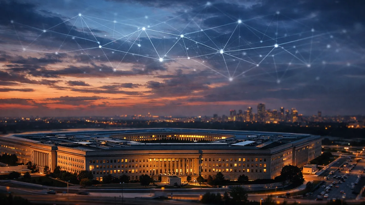 Wide, dusk exterior view of the Pentagon with a subtle digital network overlay in the sky, styled like a professional news header image.