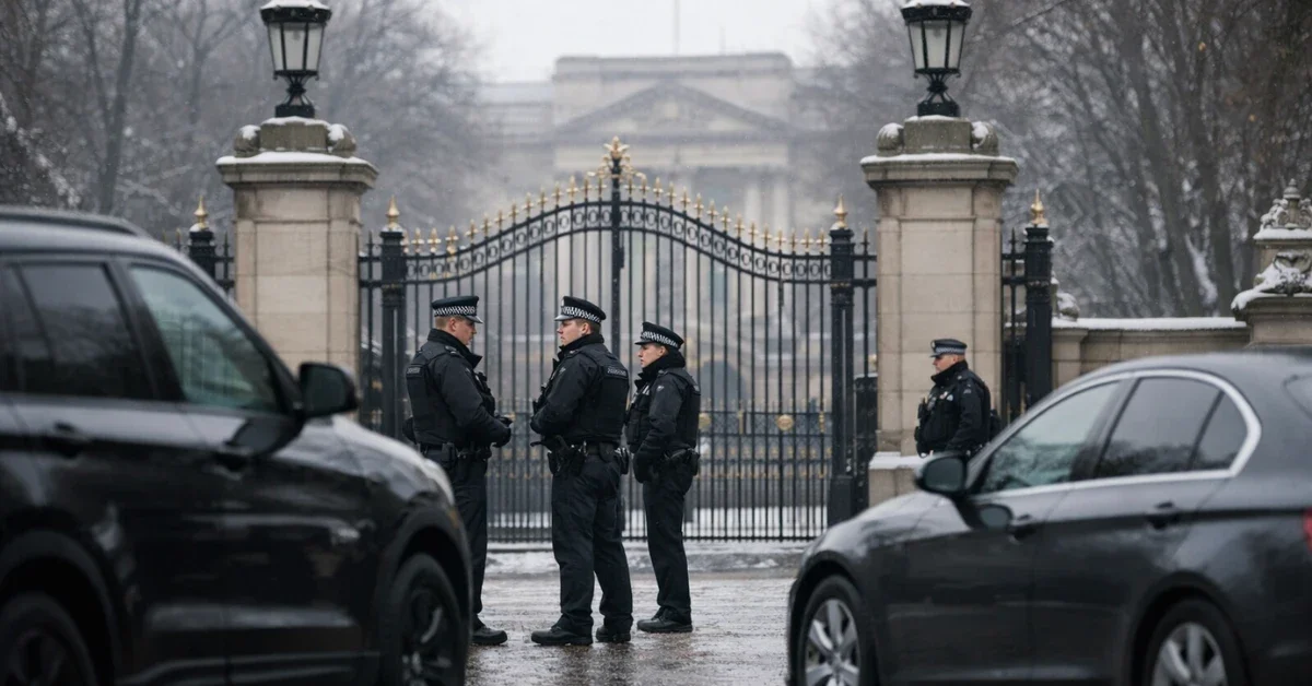 Police vehicles and officers outside the entrance to a royal estate on an overcast day.