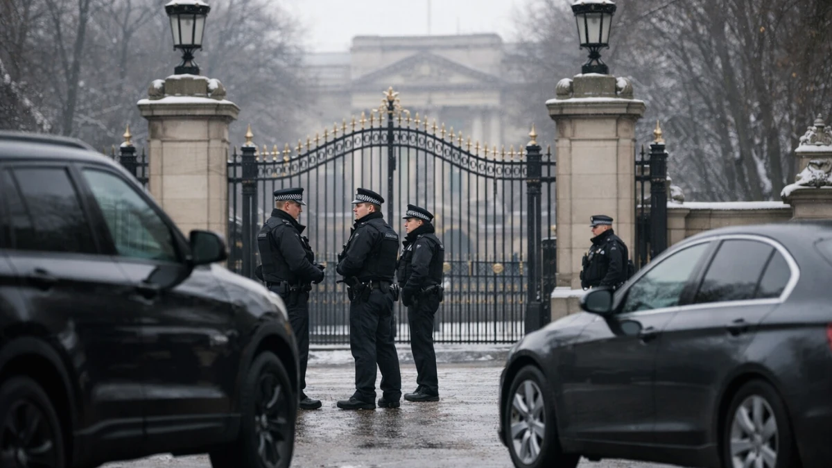Police vehicles and officers outside the entrance to a royal estate on an overcast day.