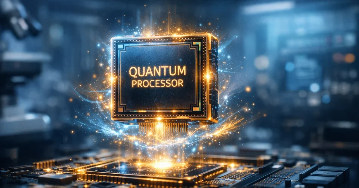 A glowing quantum processor chip illuminated in cool blue and gold light inside a high-tech laboratory setting.