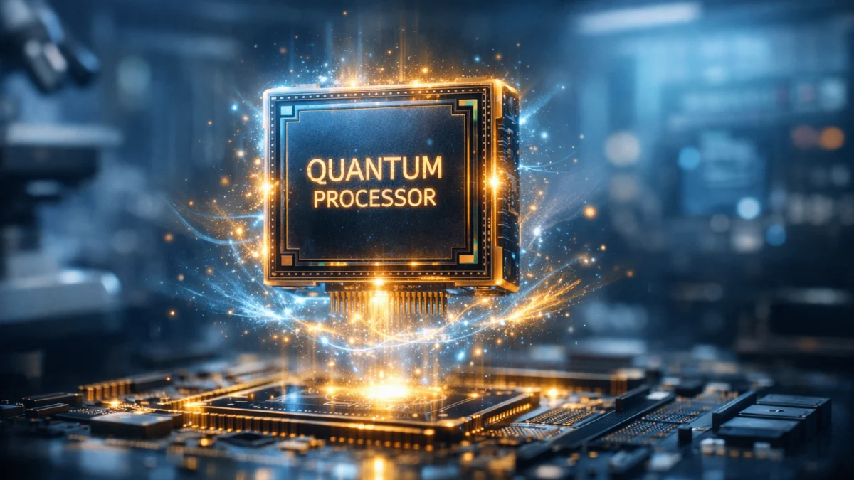 A glowing quantum processor chip illuminated in cool blue and gold light inside a high-tech laboratory setting.