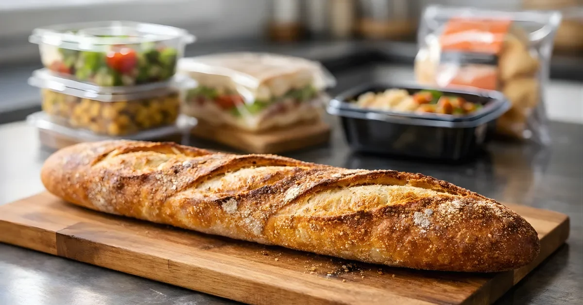 Fresh baguette on wooden cutting board with packaged foods on kitchen counter illustrating everyday foods targeted for sodium reduction