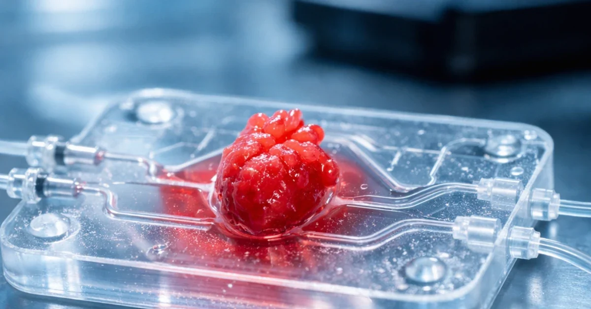 A close-up of a 3D heart-on-a-chip device featuring a small red tissue structure on a flexible silicone base, illuminated by clinical laboratory lighting.