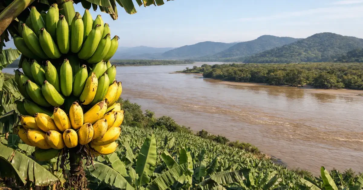 A close-up of a banana bunch growing on a plantation in the Rio Doce estuary, with a muddy river in the background, illustrating the hidden environmental risks of heavy metal contamination.