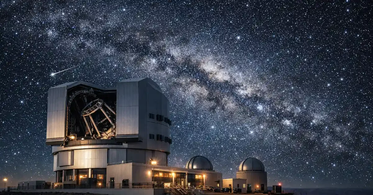 A large modern astronomical observatory stationed beneath a brilliantly lit night sky filled with countless stars and cosmic phenomena.