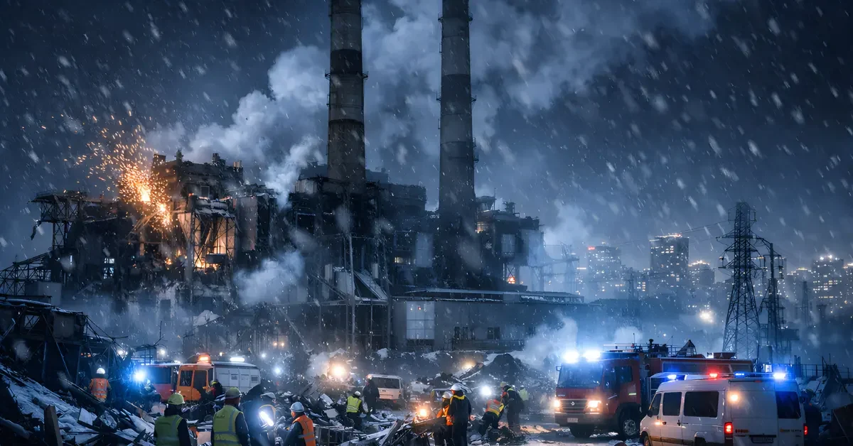 Damaged Ukrainian thermal power plant in Kyiv after Russian missile attack, with repair workers on site at night during winter.